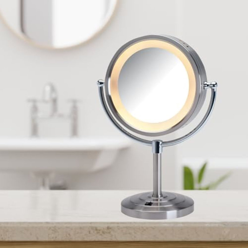 8.5" Lighted Tabletop Magnified Makeup Mirror, Plug In, Nickel