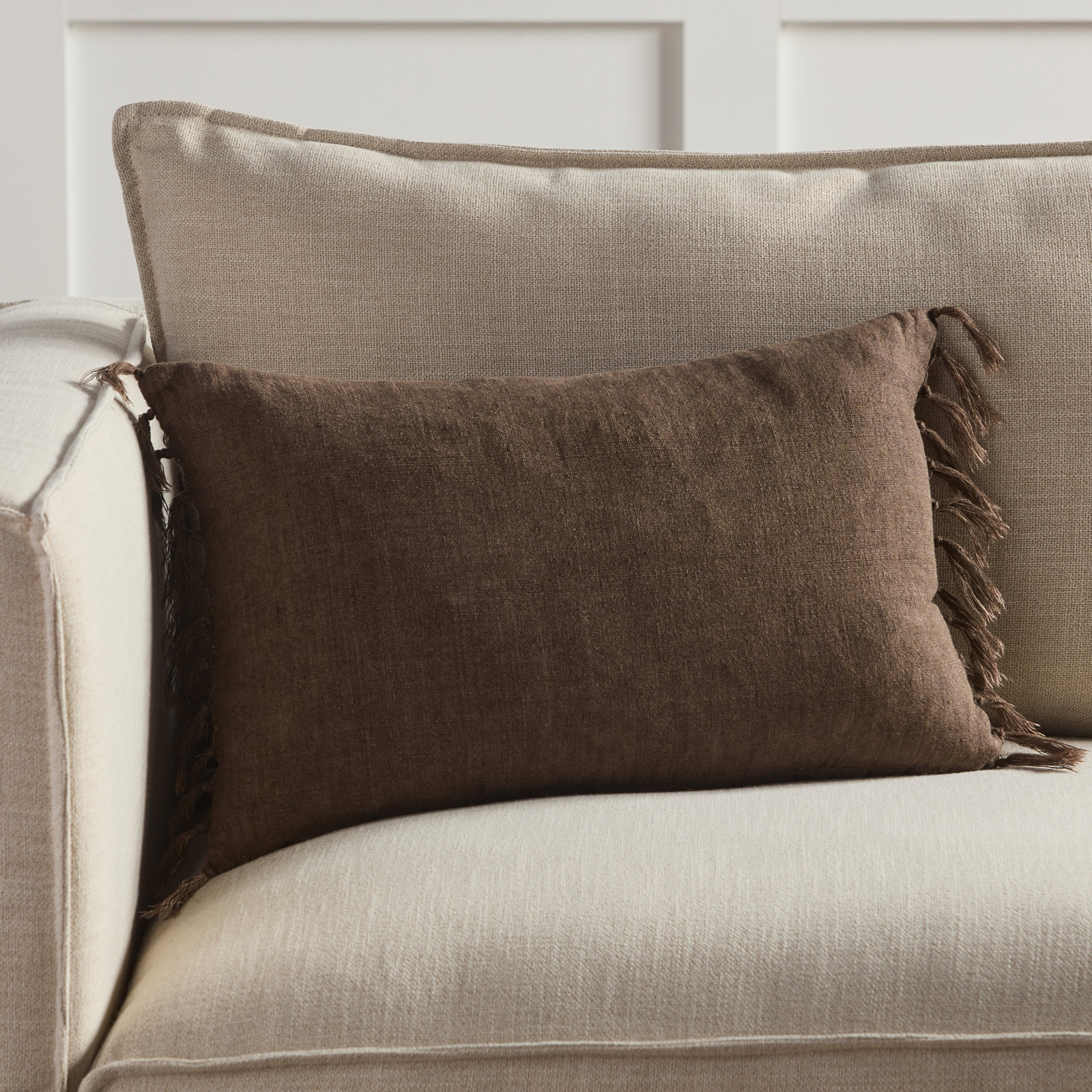 Sharron Tassels Linen Lumbar Throw Pillow, Brown, Down