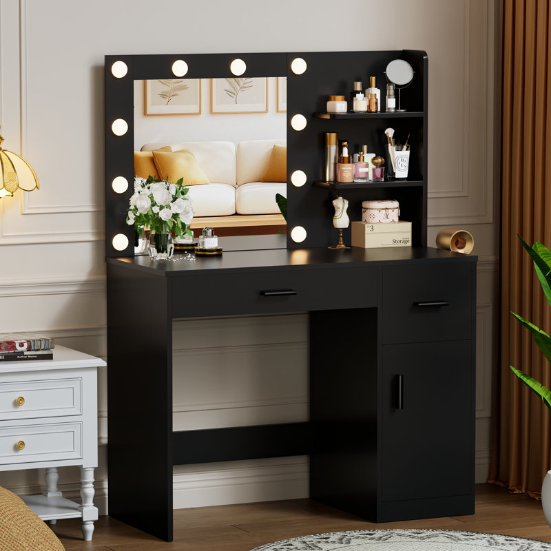 Vanity Desk with Lighted Mirror & Multi-Port Charging Station, Makeup Vanity with Separate Cabinet, Black