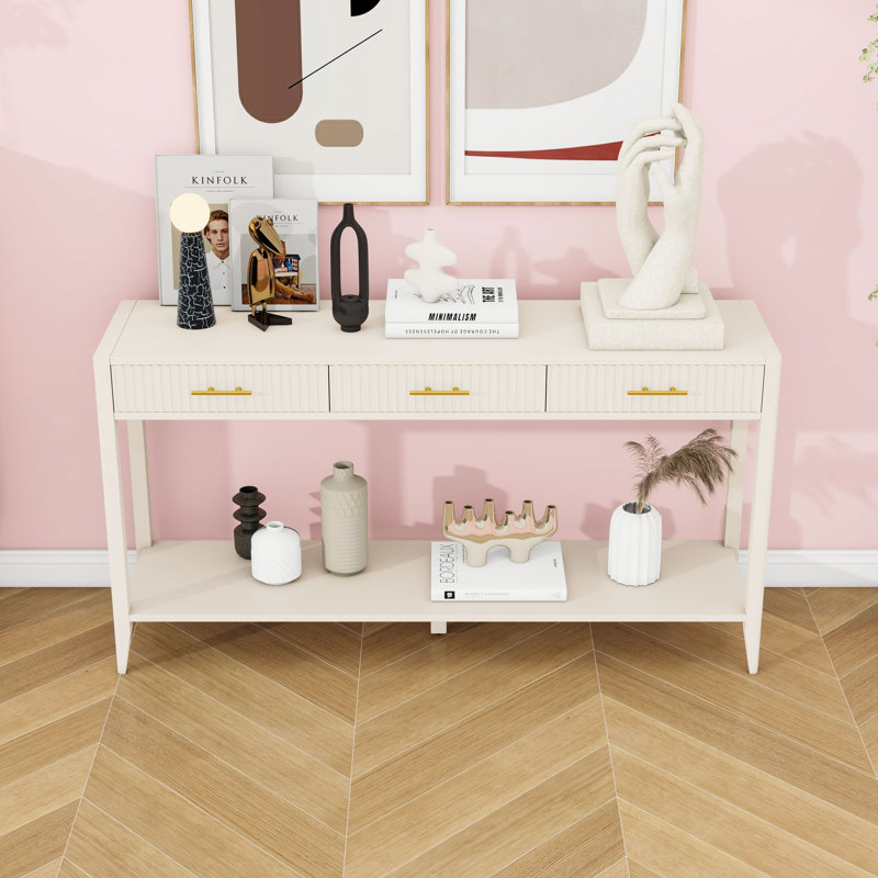 Console moderne avec tiroirs de rangement, conception ondulée et tablette ouverte pour le vestibule ou le salon, Beige