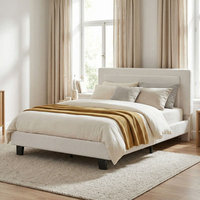 Queen Size Bed Frame Upholstered Platform with Adjustable Headboard Solid Wood Slats Iron No Box Spring Needed Easy Assembly Beige