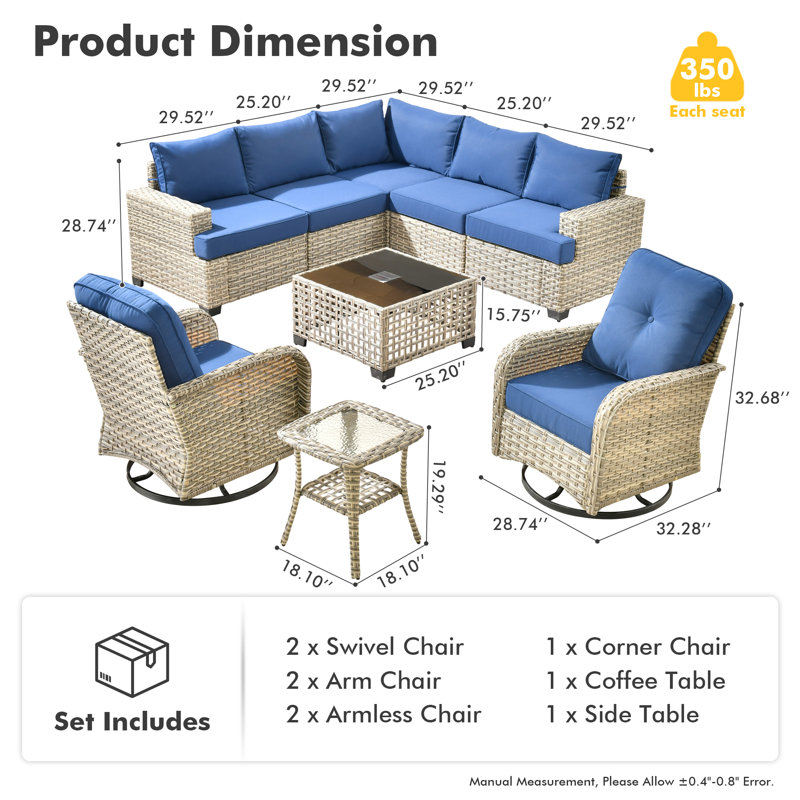 Ensemble de conversation modulaire en rotin avec coussins Wahkon pour 7 personnes avec table basse éclairée et chaises pivotantes