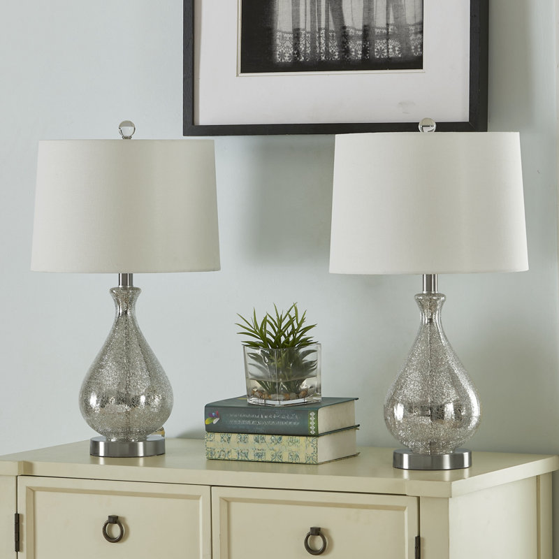 Belmonte 23" Modern Clear Water Glass Table Lamp with White Linen Shade and Polished Nickel Base for Living Room, Bedroom and Study