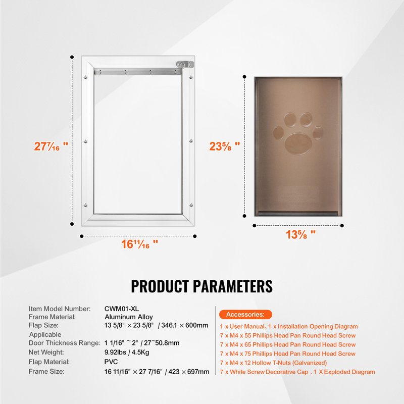 Porte pour animaux de compagnie, cadre en aluminium de 42,3 cm x 69,7 cm avec système de verrouillage et de clapet, facile à installer sur les portes intérieures ou extérieures, résistante aux intempéries, convient aux chats et aux chiens (Blanc - XL)