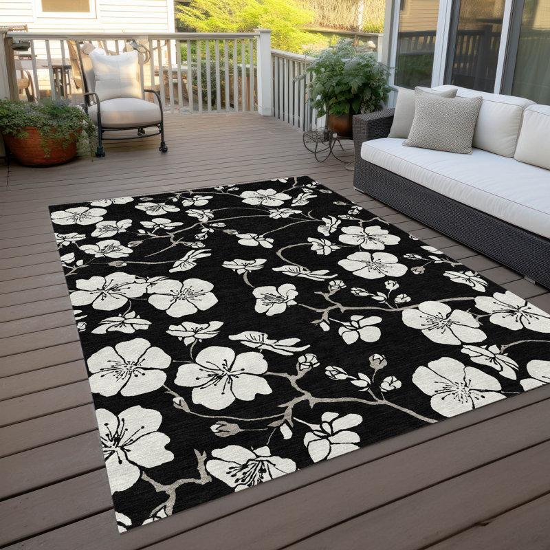 Black Floral Synthetic Rectangular Washable Rug 2'6" x 3'10"