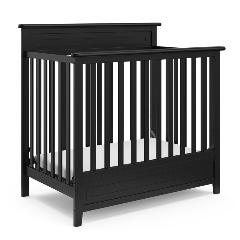 Petal Black Pine Wood 4-in-1 Convertible Mini Crib with Mattress