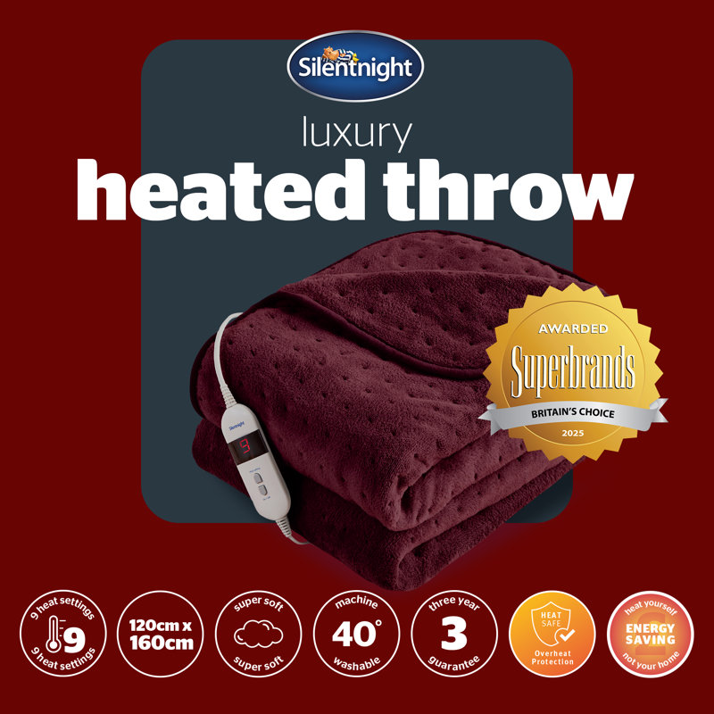 Silentnight Comfort Control Heated Throw Super-soft with 9 Settings Over Blanket, Berry