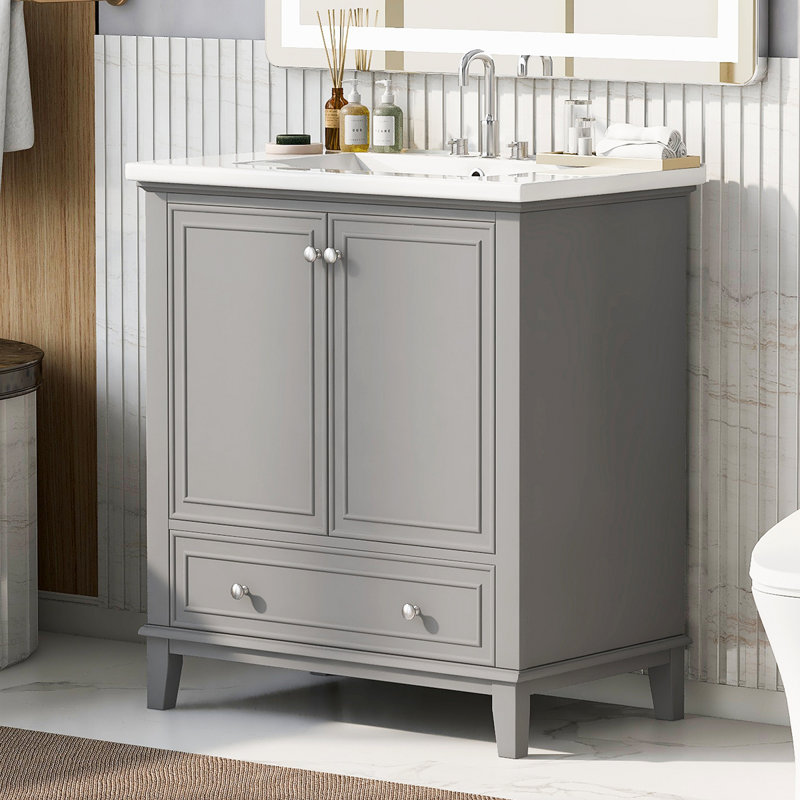 Ensemble de meuble-lavabo 30 po avec lavabo, armoire de salle de bain multifonctionnelle avec portes et tiroir, structure solide et panneau de fibres à densité moyenne
