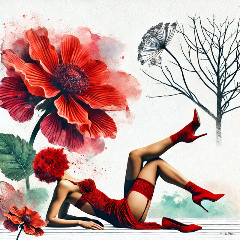 «Red Elegance with Floral Fusion», art mural sur toile tendue, H 40 po x l 40 po x P 1,5 po
