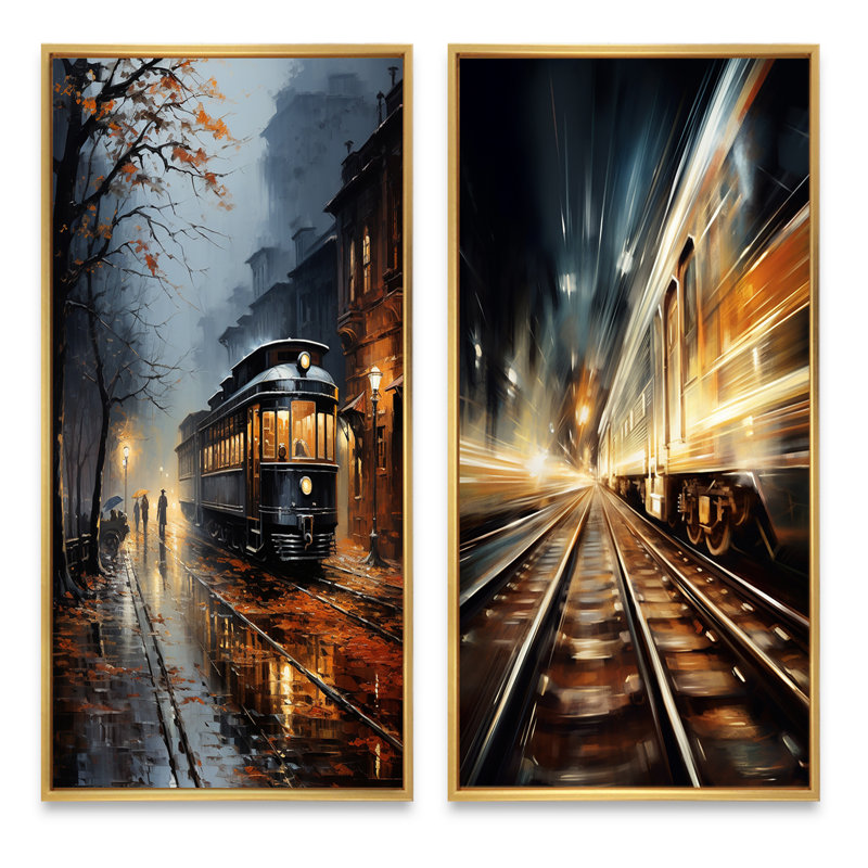 «Train Misty Morning Pointillism», 2 pièces sur toile, H 40 po x l 40 po, Encadrement doré