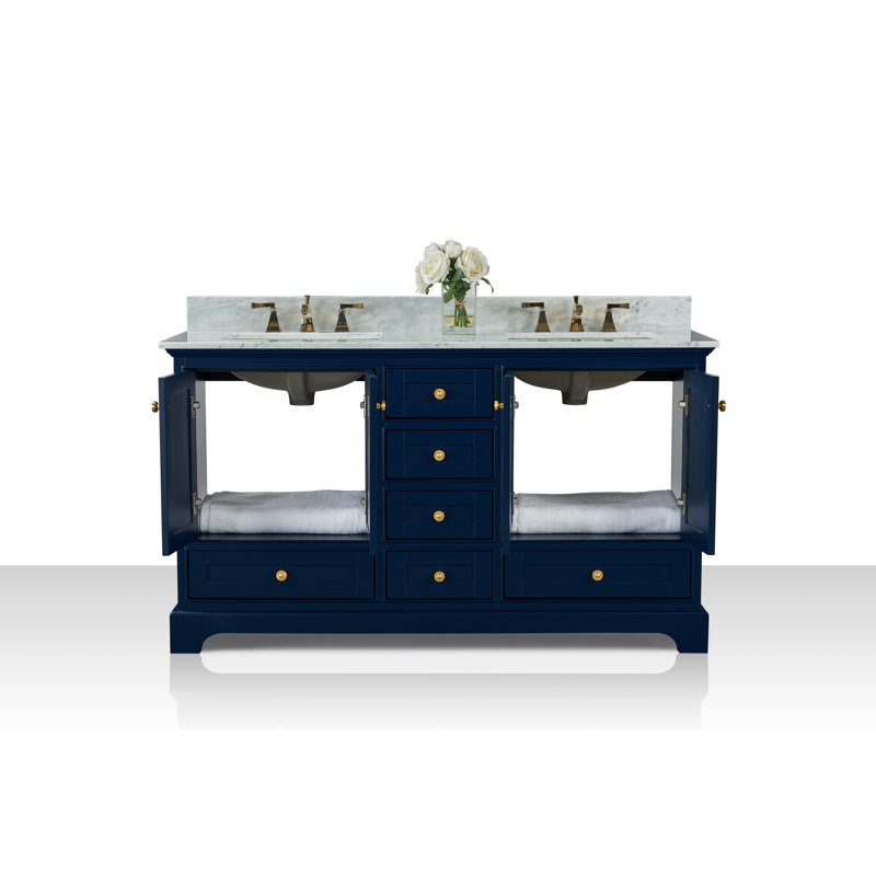 Varna 60'' Double Bathroom Vanity with Top, Heritage Blue/Brushed Gold, Carrara White Marble