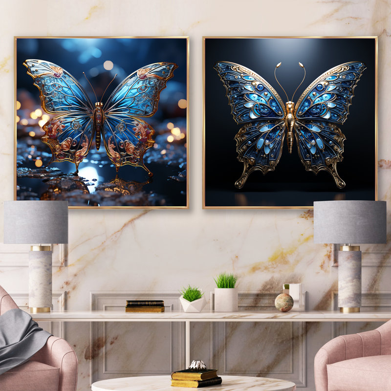 Butterfly Watery Blues - Ensemble de 2 insectes et insectes carrés, Cadre flottant doré, H 16 po x l 33 po