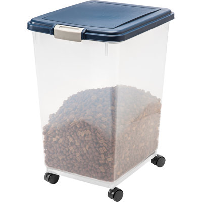 IRIS 50 Lbs. WeatherPro Airtight Small-Pet Food Storage Bin Container with Attachable Casters, Navy