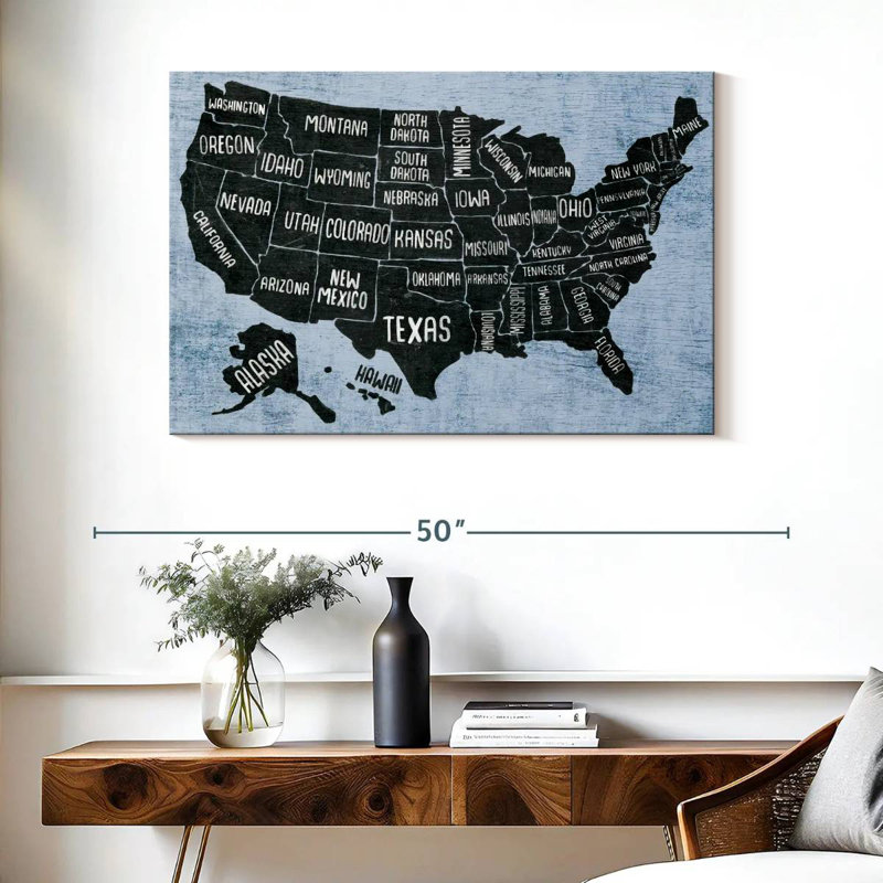 Keiri BW States USA Map, 26" H x 39" W