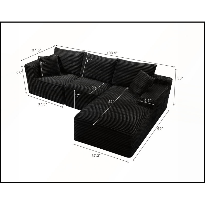 Canapé d'angle modulaire Cloud de 264 cm (103,9 po) avec méridienne en L et assise profonde. Aucun assemblage requis pour le salon.