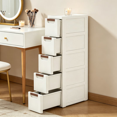 Narrow 5-Drawer Slim Bathroom Storage Cabinet Dresser, Plastic Rolling Cart Organizer With Drawers For Small Spaces, Kitchen, Laundry, Office, Bedroom, White