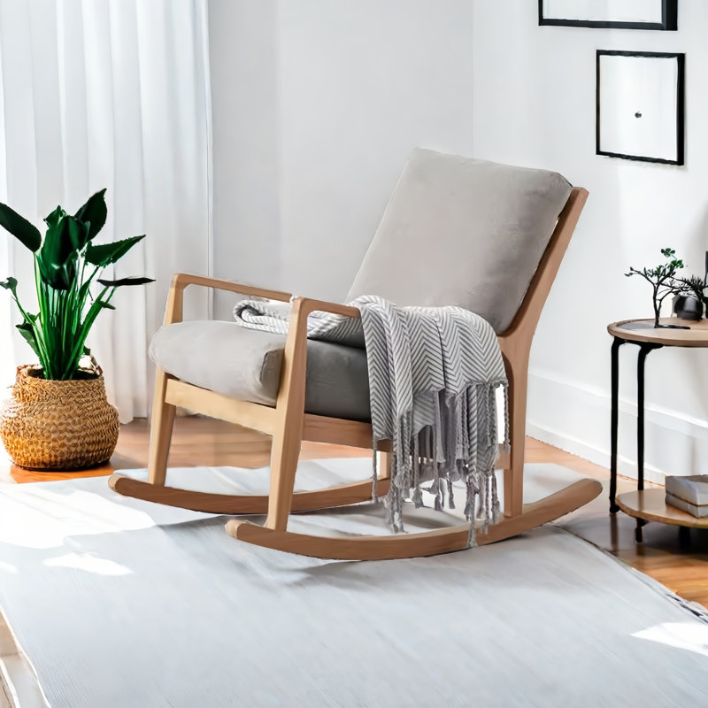 Chaise berçante moderne en bois massif rembourré, Gris