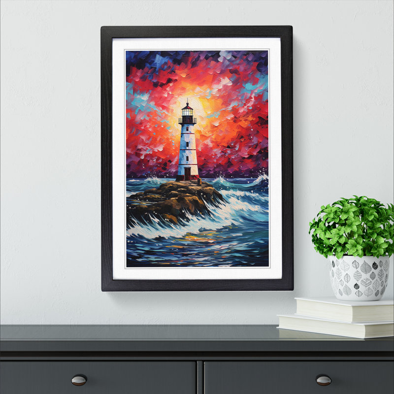 Lighthouse Expressionism No.2 - Single Picture Frame Print on Wood, 46cm H x 34cm W x 2cm D, Black