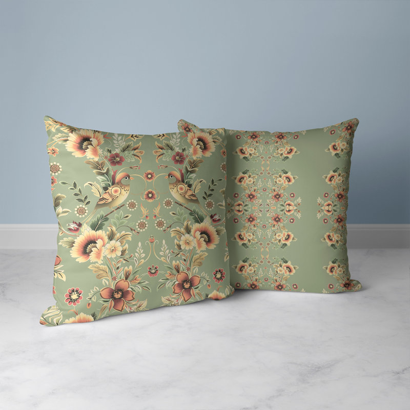 Coussin Folk Garden Whispers, H 26 po x l 26 po, Vert / Orange