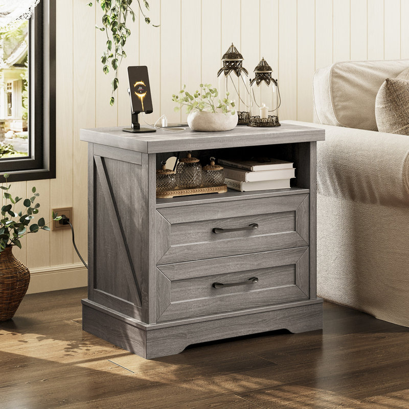 Table de chevet RosaRio Farmhouse avec 2 tiroirs spacieux, table de bout avec grande tablette de rangement, armoire de chevet avec 4 pieds en bois massif