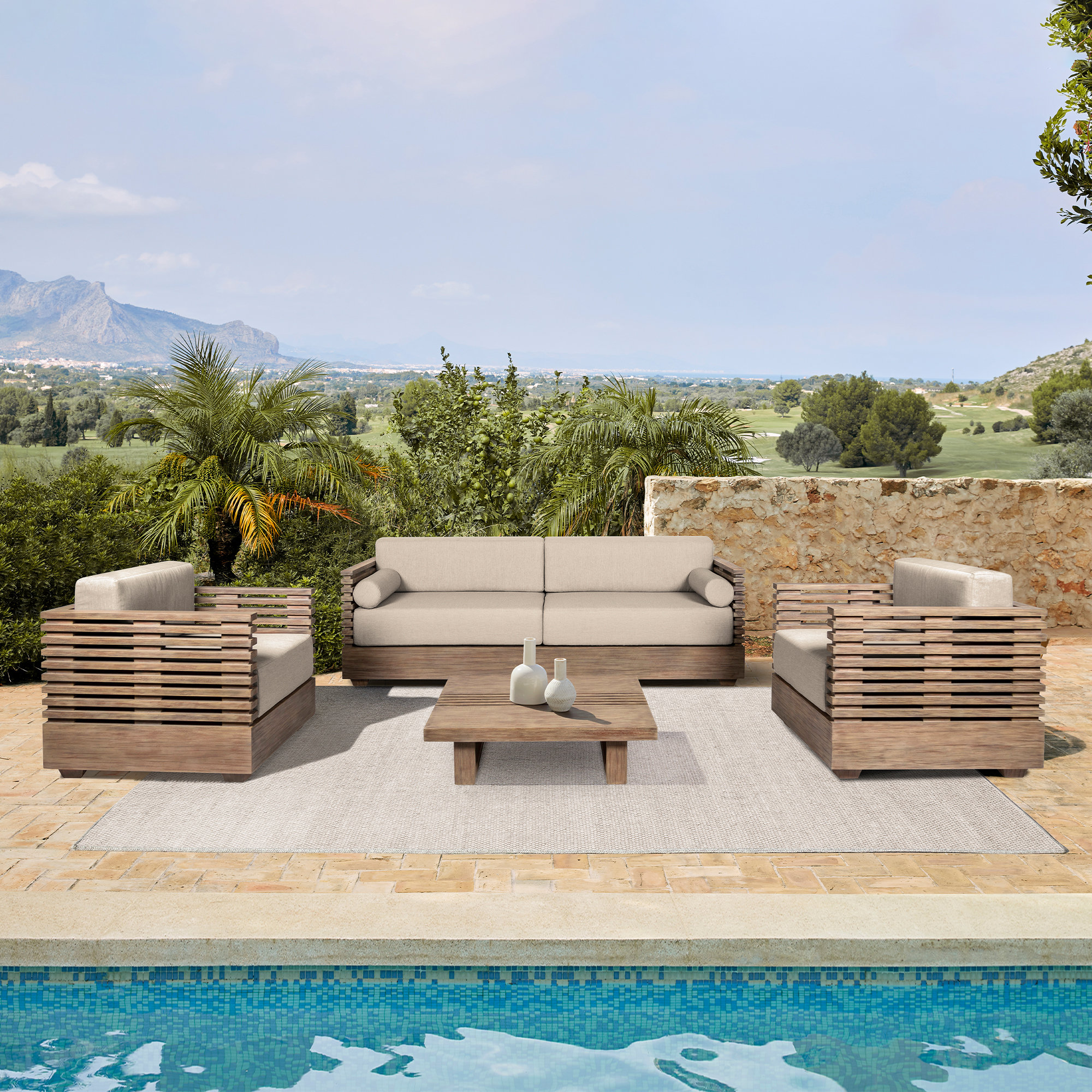 Fritz 83'' Wide Curved Wood Patio Sofa with Cushions, Taupe Performance