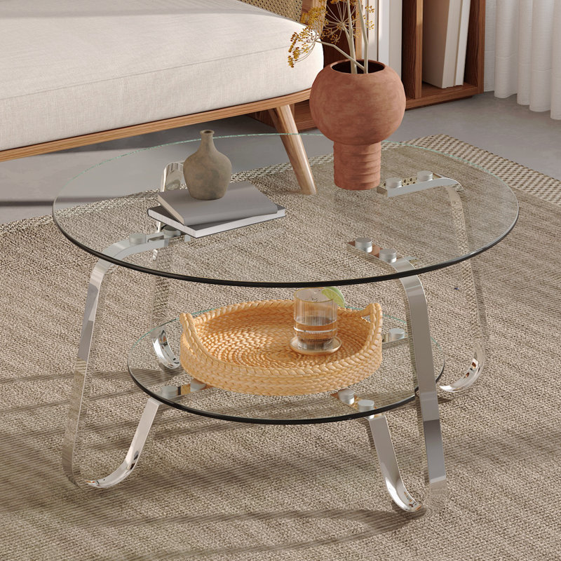 Table basse en métal en verre trempé double couche, Argent argent