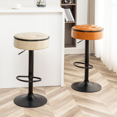 Round Storage Bar Stool Set Of 2, Leather Height Adjustable Barstool, 360°Counter Height Swivel Stool, Armless Bar Chair With Metal Frame For Kitchen -  Latitude Run®, AE14FF87273F4991A17737064BDB25D3