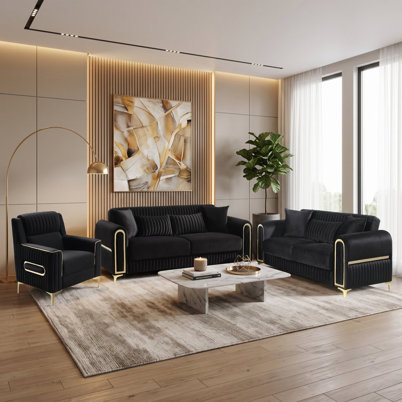 Ensemble de salon 2 pièces Duron, 3 Pcs: Loveseat; Sofa; Chair, Noir