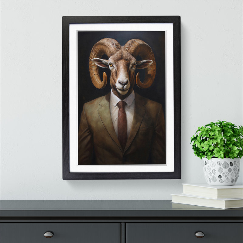 Ram Sheep In A Suit Painting No.8 - Single Picture Frame Print on Wood, Black Framed, 34cm H x 25cm W x 2cm D