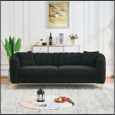 86 Oversized Chenille Sofa, Luxury 3 Seater Deep Couch, Modern Tufted Design, Gold Metal Legs for Living Room, Bedroom, Apartment (Black)