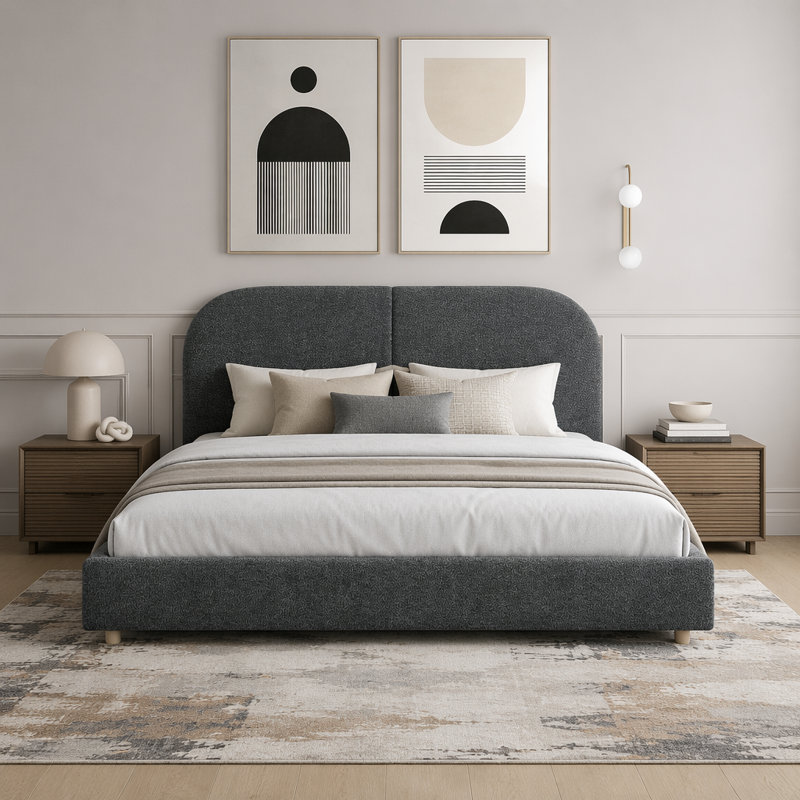 Grand lit plateforme tapissier avec tête de lit courbée et 4 tiroirs de rangement, Gris foncé