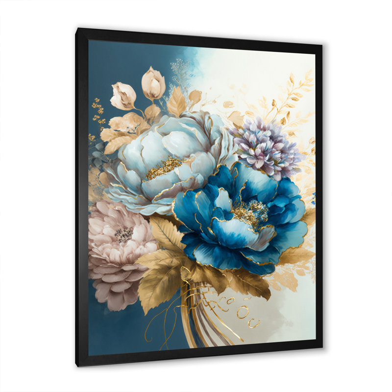 «Bladwell Golden Blue Flower Arrangement IV», reproduction sur toile, H 20 po x l 12 po x P 1 po, Cadre photo noir