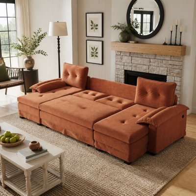 Canapé-lit en forme de U, 278 cm (109,5 pouces) convertible en lit avec ports USB et accoudoirs amovibles, en chenille orange, pour salon et appartement