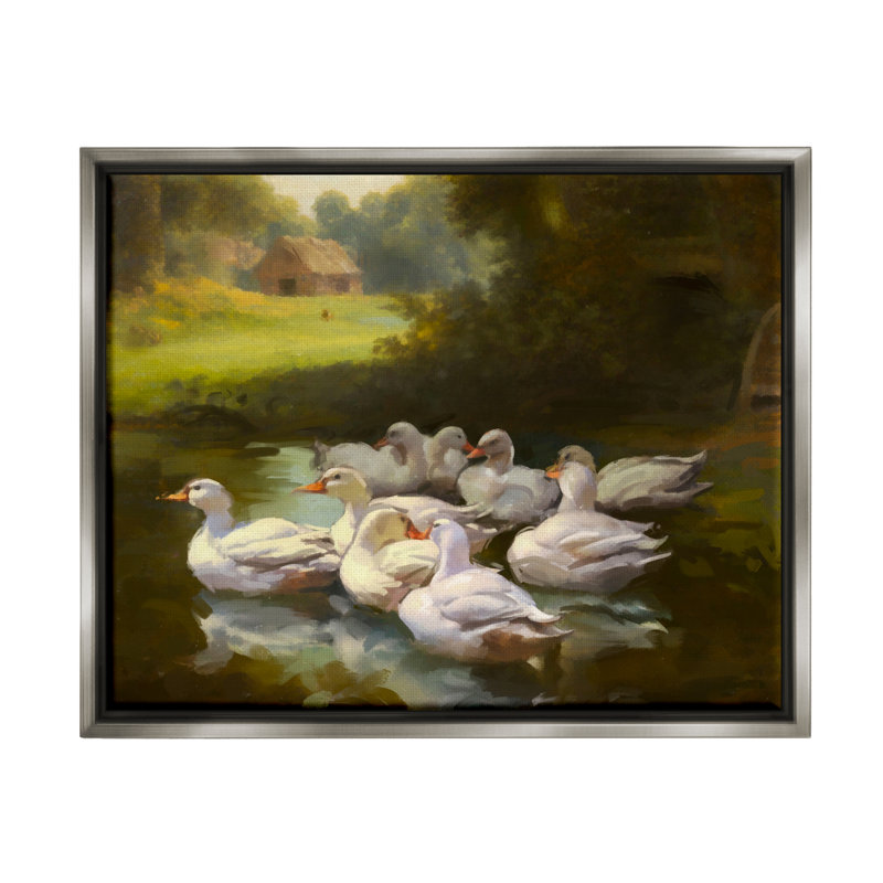 «Country Ducks In Pond», impression sur toile par Ziwei Li, H 24 po x l 30 po x P 1,7 po, Cadre flottant gris lustré