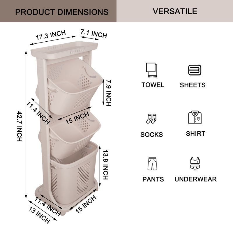 3-layer Laundry Basket Sorte，movable Dirty Laundry Basket，multifunctional Household Storage Basket