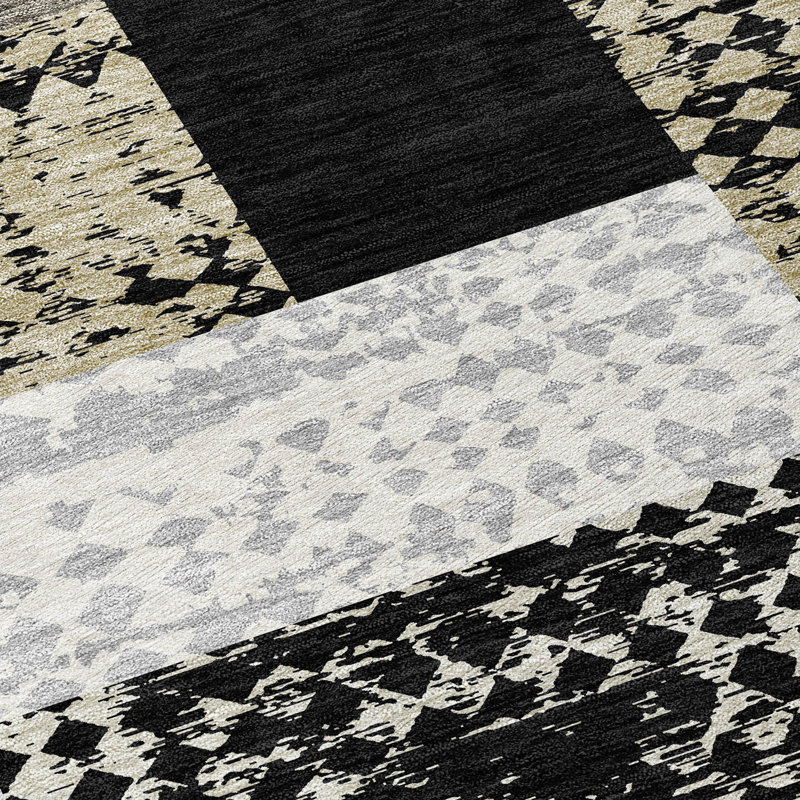3' X 5' Black Taupe And Ivory Geometric Washable Indoor Outdoor Area Rug