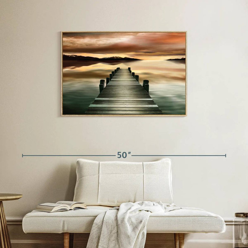 Jetée au coucher du soleil, Cadre flottant en bois naturel, 37 po x 25 po