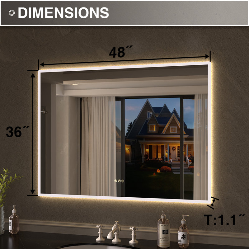 Shimmer 48 in. W x 36 in. H Rectangular Frameless Anti-Fog LED Dimmable Wall Bathroom Vanity Mirror in Polished Crystal
