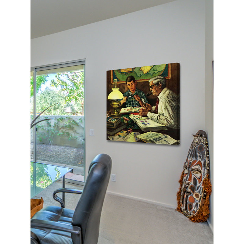 Reproduction d’art sur toile tendue, "recuperation de timbres" par stevan dohanos, H 18 po x l 18 po