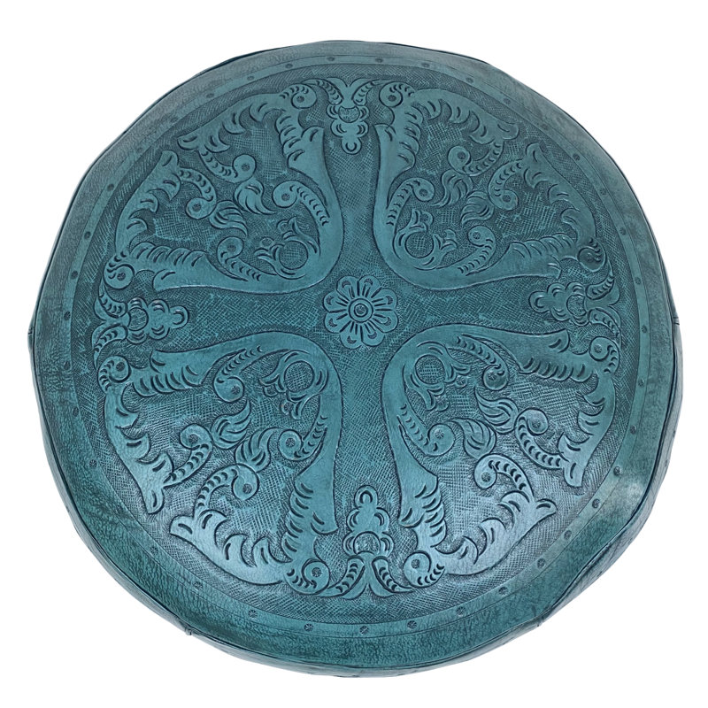 Navarette Upholstered Pouf, Teal Genuine Leather