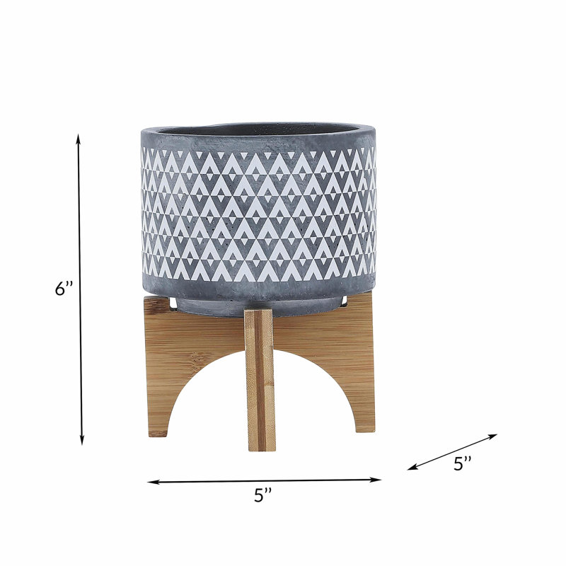 Ceramic 5" Aztec Planter on Wooden Stand, Gray, 6" H x 5" W x 5" D