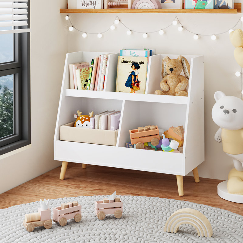 Bibliothèque pour enfants et organisateur de jouets, bibliothèque ouverte en bois à 5 casiers, rangement pour bébé à 2 niveaux avec pieds