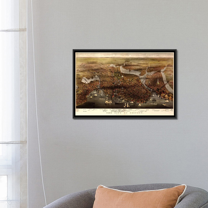 « boston map, 1873 », impression sur toile, H 18 po x l 26 po x P 1,5 po, Toile avec cadre noir, Pas de tapis