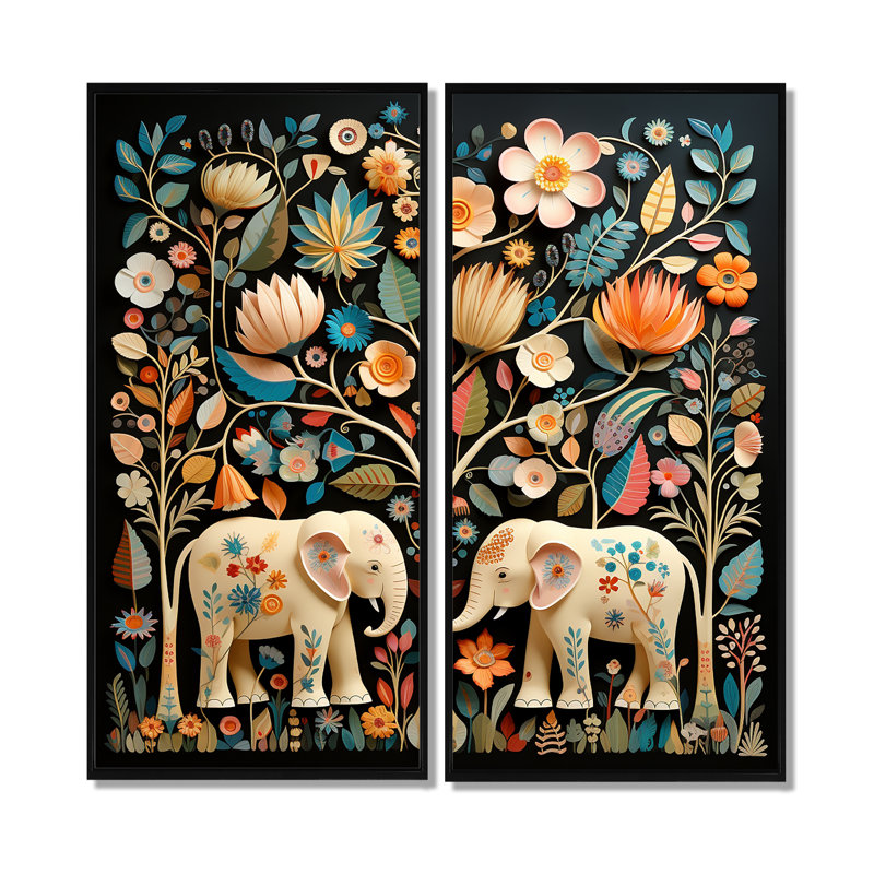 «Indian Art Jaipur Elephants 4 - Global», ensemble de 2 pièces, 20" H x 24" W, Reproduction encadrée sans passe-partout