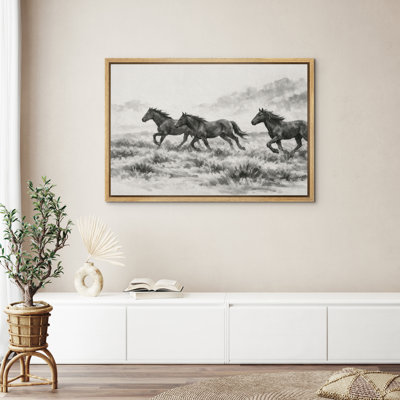 Courir, chevaux sauvages, paysage monochrome, art animalier sur toile encadrée, art mural