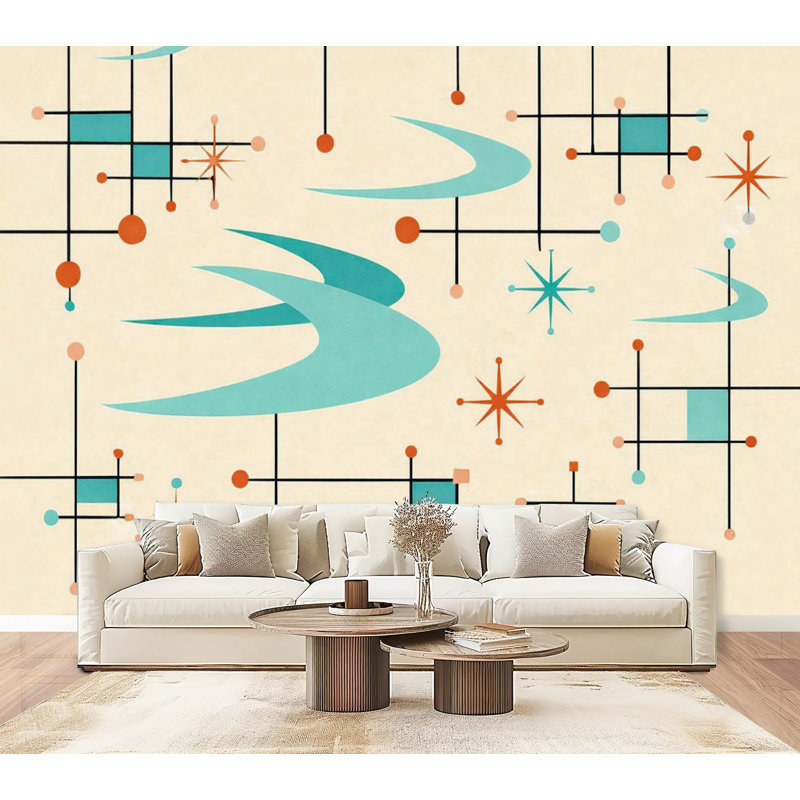Peel and Stick Wallpaper 96" W x 69" H Modern Self Adhesive Wall Mural for Bedroom Retro Atomic Geometric Teal Boomerang Shapes Coral Dots Cream
