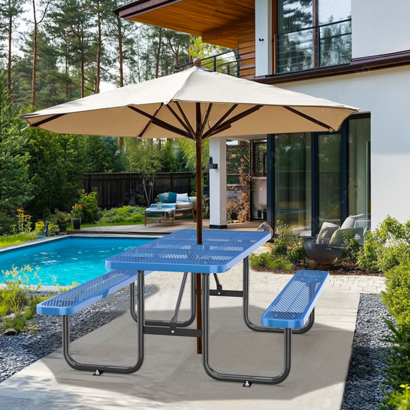 Rectangular Metal Outdoor Picnic Table with Umbrella Hole, 30" H x 72" W x 30" D, Black