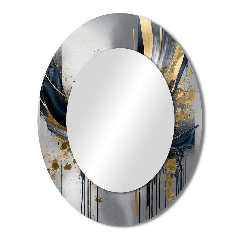 Shapes And Lines Abstract Marble V - Gold Modern Oval Wall Mirror, 43" x 33"