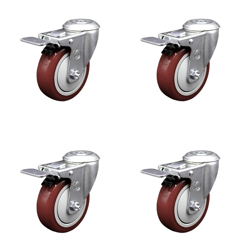 Ensemble de roulettes pivotantes en polyuréthane 4 trous avec frein à verrouillage total, Marron
