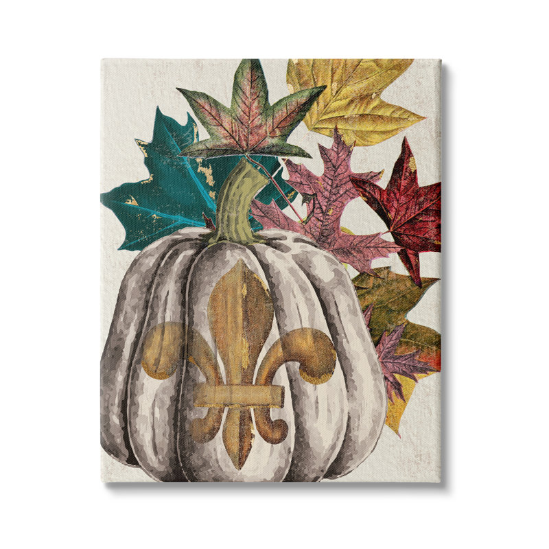 «Fleur-De-Lis Crest Pumpkin Vintage Autumn Leaf Arrangement» par - Impression, H 20 po x l 16 po, Plaque murale